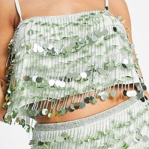 ASOS EDITION paillette fringe sequin cami top in sage green, Size 4
